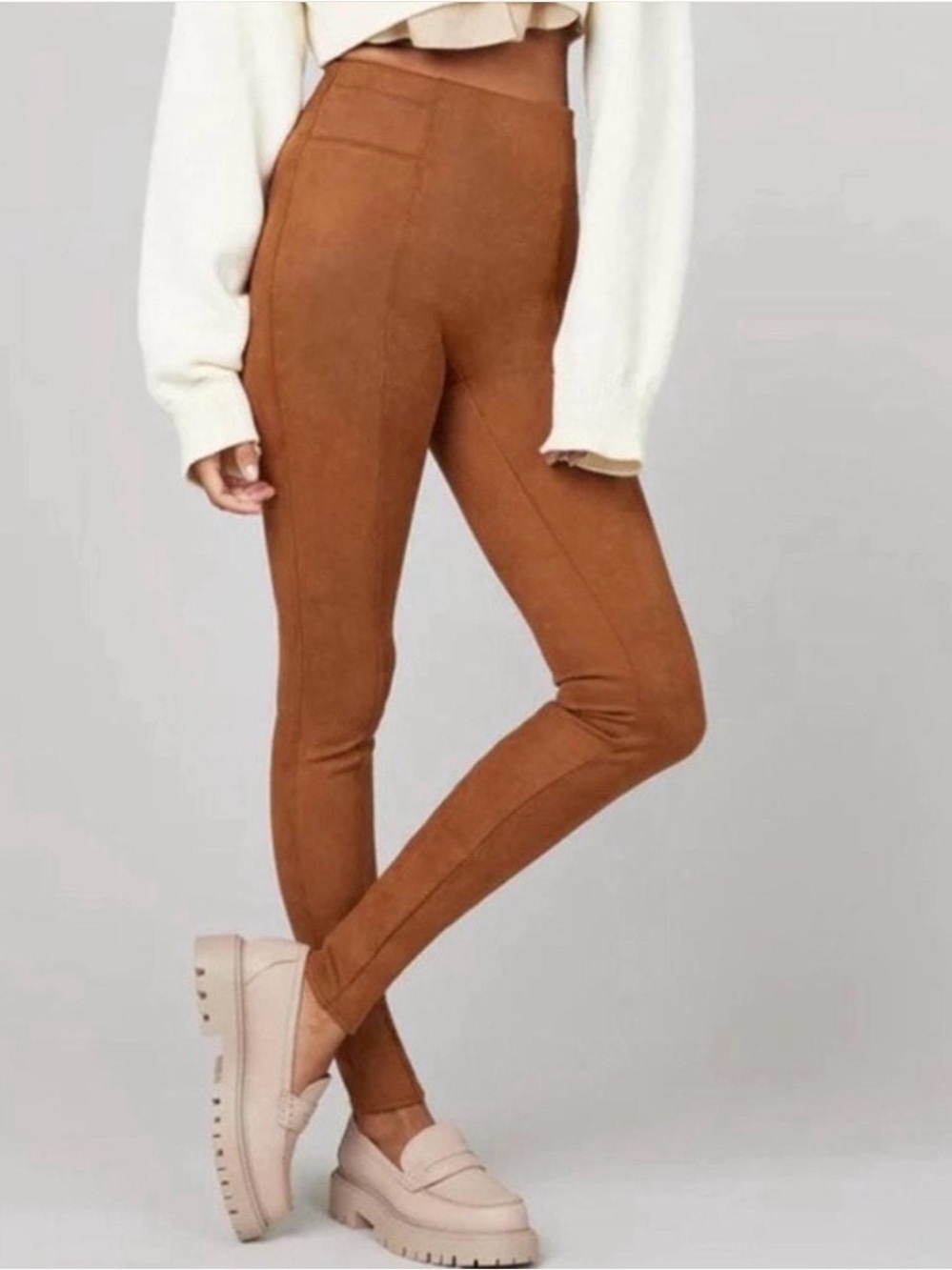SPANX Rich Caramel Faux Suede Leggings Size Small Petite SP Excellent